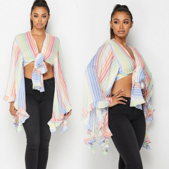 Dance Away Bell Sleeve Stripe Tie Top - Picture 2 of 3
